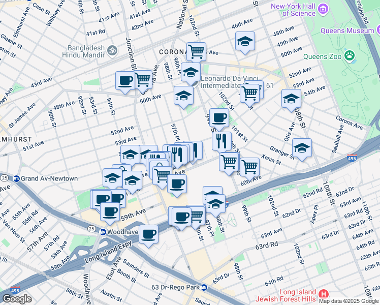 map of restaurants, bars, coffee shops, grocery stores, and more near 55-14 98th Street in Queens