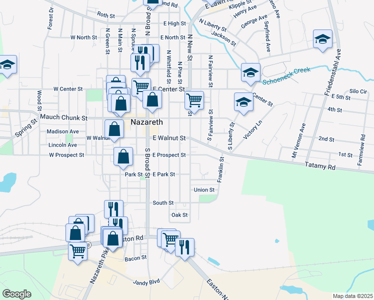 map of restaurants, bars, coffee shops, grocery stores, and more near 174 South New Street in Nazareth
