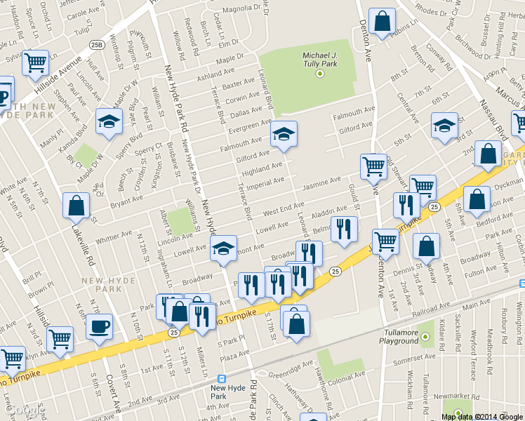 map of restaurants, bars, coffee shops, grocery stores, and more near 1611 Lincoln Avenue in New Hyde Park
