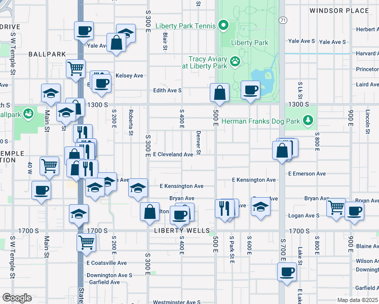 map of restaurants, bars, coffee shops, grocery stores, and more near 417 Cleveland Avenue South in Salt Lake City