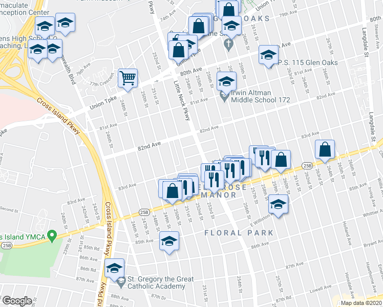map of restaurants, bars, coffee shops, grocery stores, and more near 252-15 82nd Drive in Queens