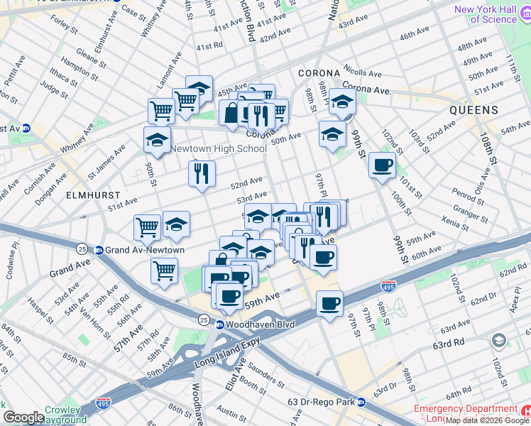 map of restaurants, bars, coffee shops, grocery stores, and more near 94-24 54th Avenue in Queens