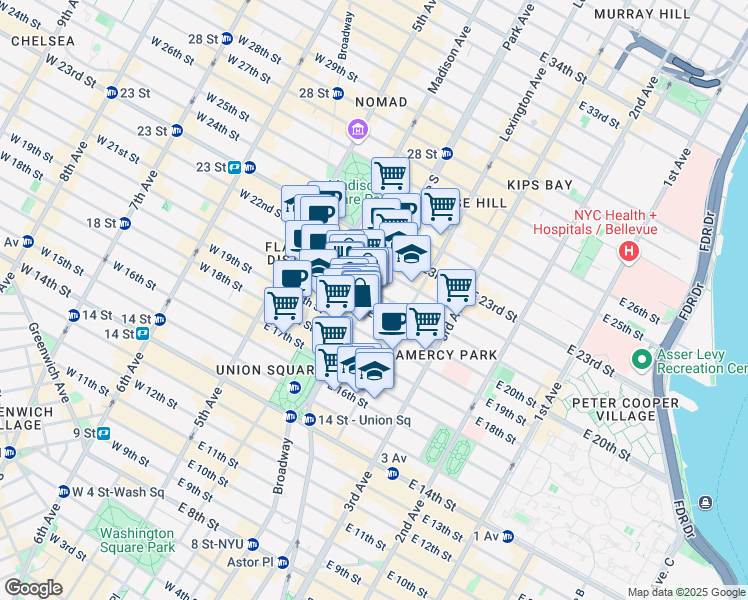 map of restaurants, bars, coffee shops, grocery stores, and more near 257 Park Avenue South in New York