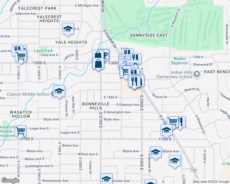 map of restaurants, bars, coffee shops, grocery stores, and more near 2134 Saint Marys Drive in Salt Lake City