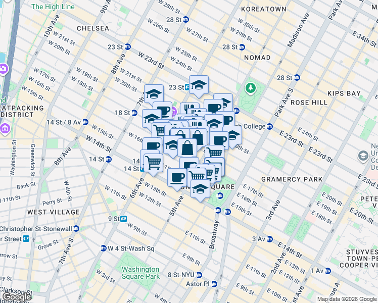 map of restaurants, bars, coffee shops, grocery stores, and more near 27 West 17th Street in New York