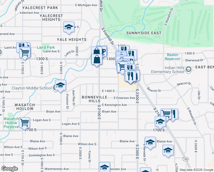 map of restaurants, bars, coffee shops, grocery stores, and more near 2134 Saint Marys Drive in Salt Lake City