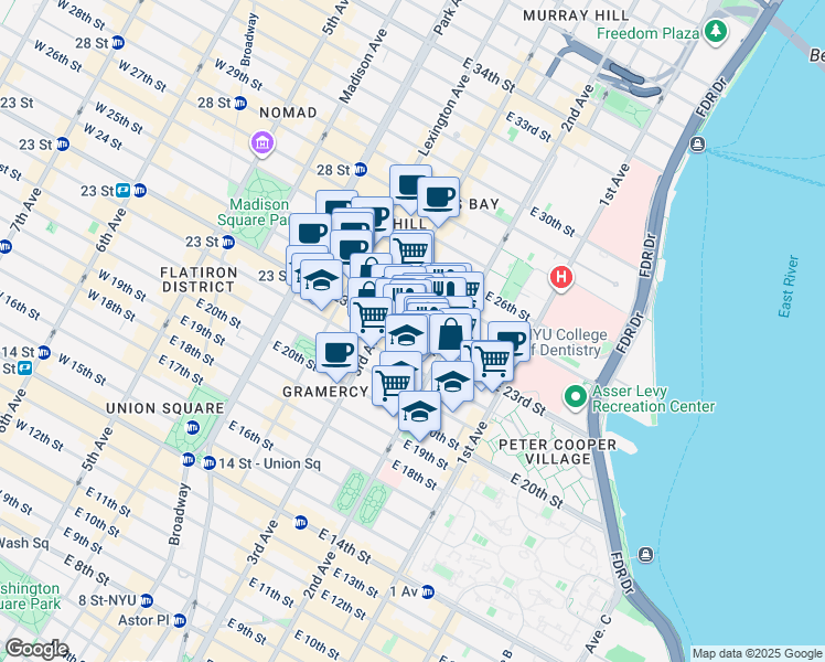 map of restaurants, bars, coffee shops, grocery stores, and more near 219 East 23rd Street in New York