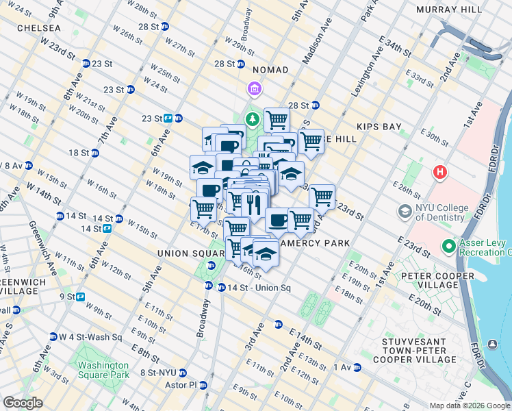 map of restaurants, bars, coffee shops, grocery stores, and more near 255 Park Avenue South in New York