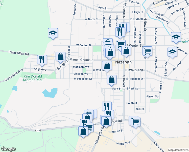 map of restaurants, bars, coffee shops, grocery stores, and more near 171 South Church Street in Nazareth