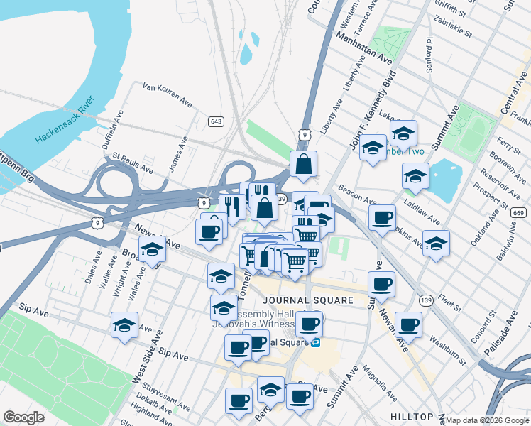 map of restaurants, bars, coffee shops, grocery stores, and more near 225 Tonnelle Avenue in Jersey City