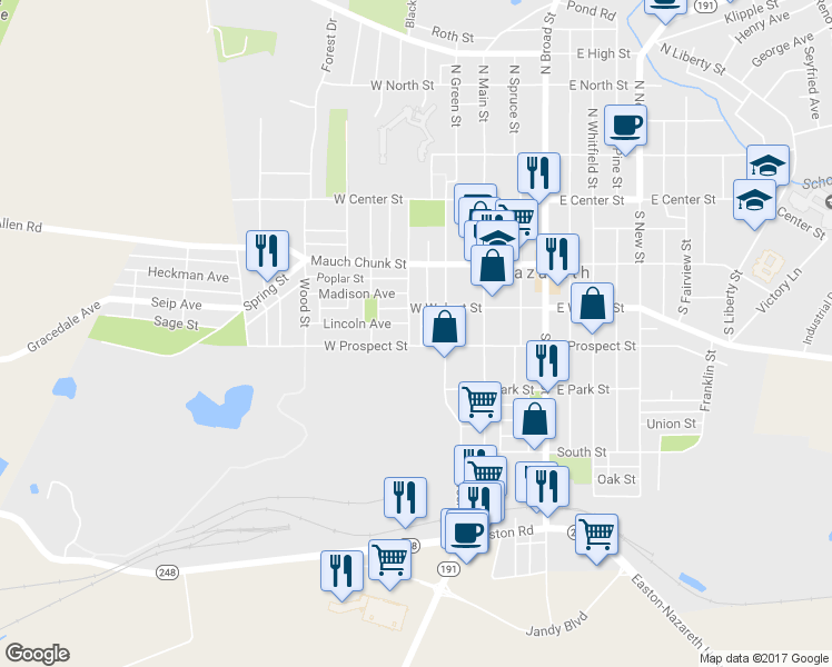map of restaurants, bars, coffee shops, grocery stores, and more near 171 South Church Street in Nazareth