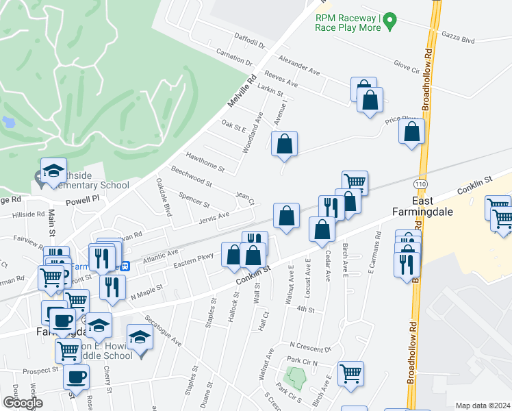 map of restaurants, bars, coffee shops, grocery stores, and more near 112 Jervis Avenue in Farmingdale