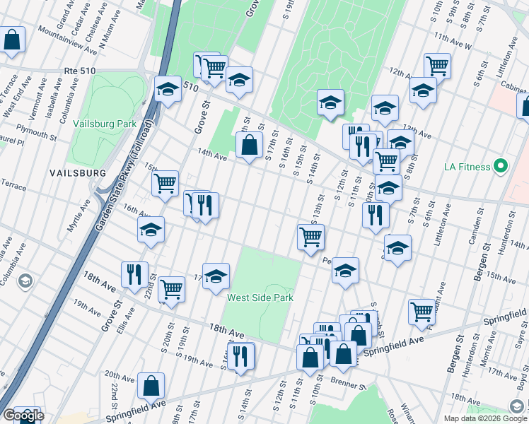 map of restaurants, bars, coffee shops, grocery stores, and more near 512 South 17th Street in Newark