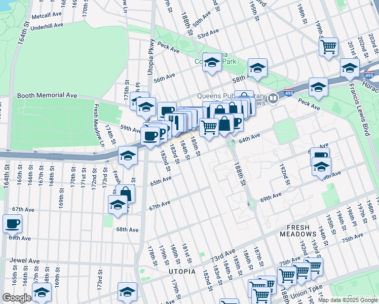 map of restaurants, bars, coffee shops, grocery stores, and more near 61-39 184th Street in Queens