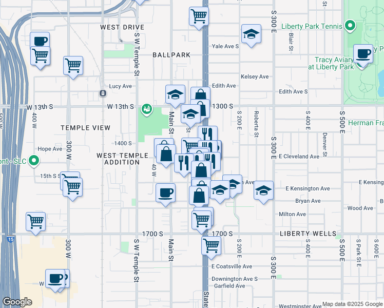 map of restaurants, bars, coffee shops, grocery stores, and more near 43 Cleveland Avenue South in Salt Lake City