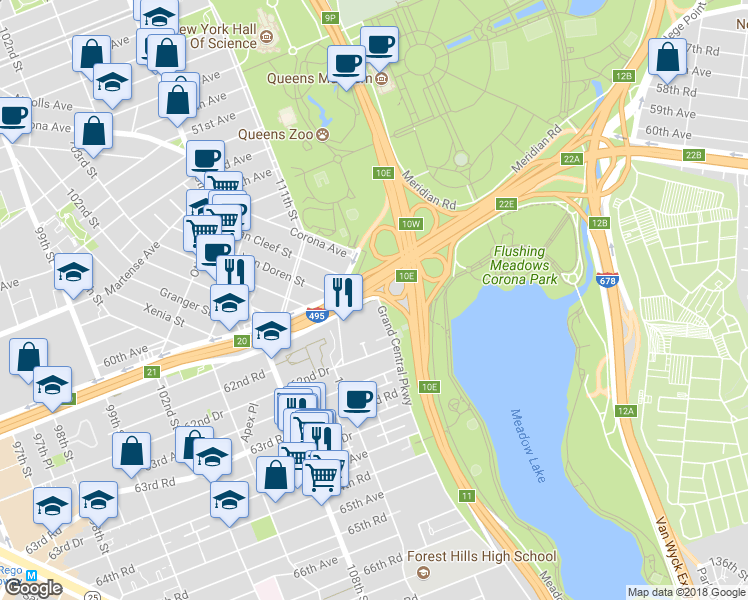 map of restaurants, bars, coffee shops, grocery stores, and more near 61-20 Grand Central Parkway in Queens