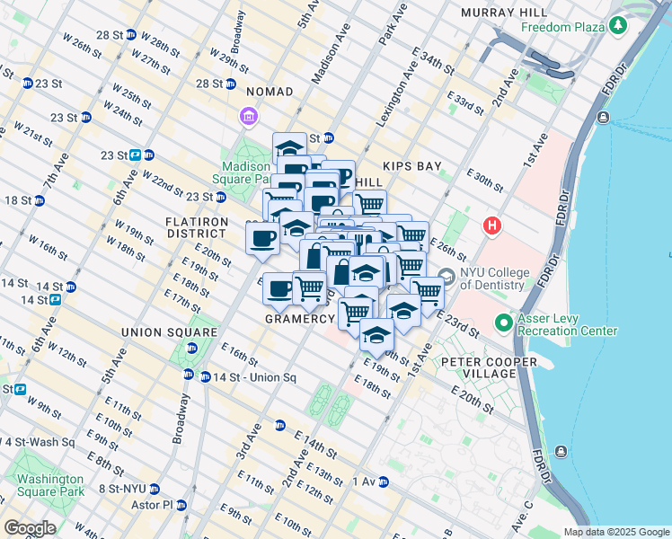 map of restaurants, bars, coffee shops, grocery stores, and more near 290 Third Avenue in New York