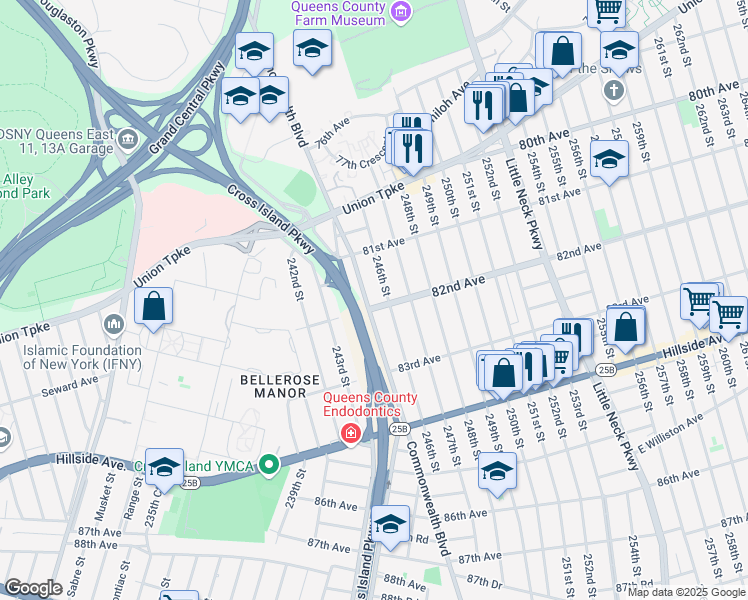 map of restaurants, bars, coffee shops, grocery stores, and more near 81-53 Commonwealth Boulevard in Queens