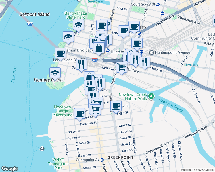map of restaurants, bars, coffee shops, grocery stores, and more near 35 Ash Street in Brooklyn