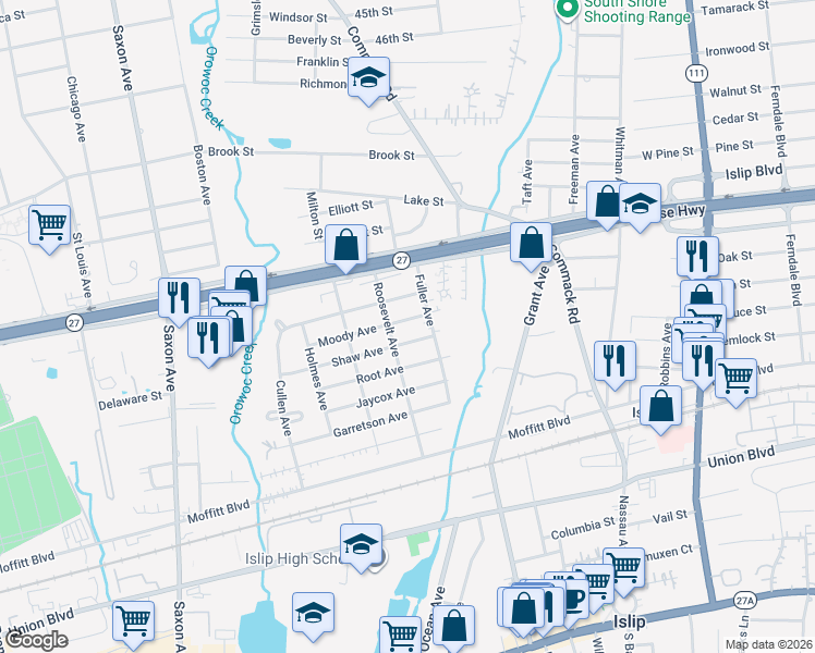 map of restaurants, bars, coffee shops, grocery stores, and more near 120 Moody Avenue in Islip
