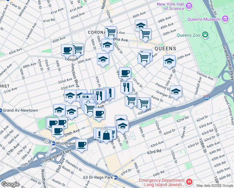 map of restaurants, bars, coffee shops, grocery stores, and more near 55-25 98th Place in Queens