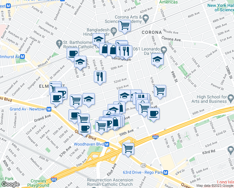 map of restaurants, bars, coffee shops, grocery stores, and more near 92-47 54th Avenue in Queens