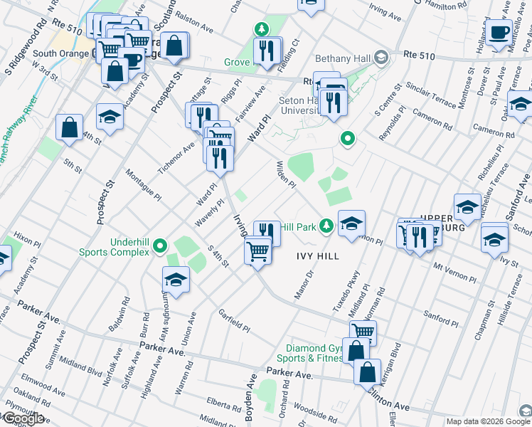 map of restaurants, bars, coffee shops, grocery stores, and more near 22 Eder Terrace in South Orange