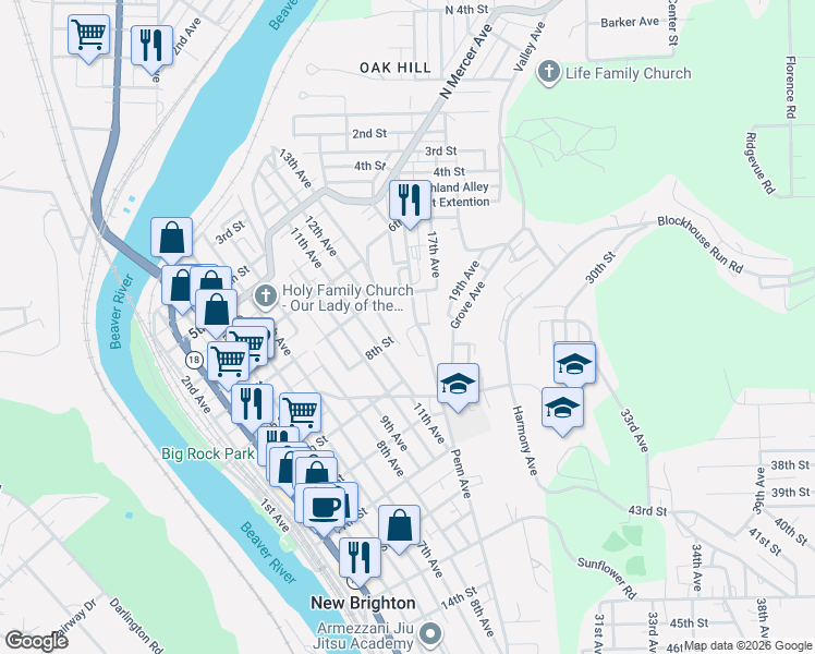 map of restaurants, bars, coffee shops, grocery stores, and more near 738 Penn Avenue in New Brighton