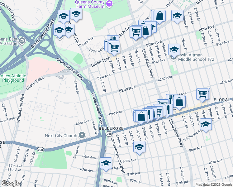 map of restaurants, bars, coffee shops, grocery stores, and more near 248-04 82nd Avenue in Queens