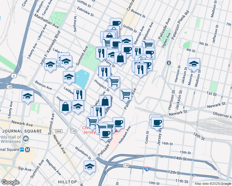map of restaurants, bars, coffee shops, grocery stores, and more near in Jersey City