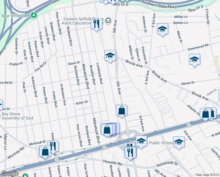 map of restaurants, bars, coffee shops, grocery stores, and more near 1384 North Clinton Avenue in Bay Shore