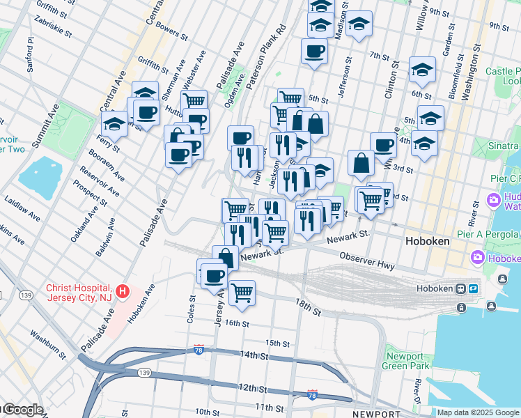 map of restaurants, bars, coffee shops, grocery stores, and more near 80 Jackson Street in Hoboken