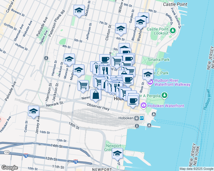 map of restaurants, bars, coffee shops, grocery stores, and more near 109 Willow Avenue in Hoboken