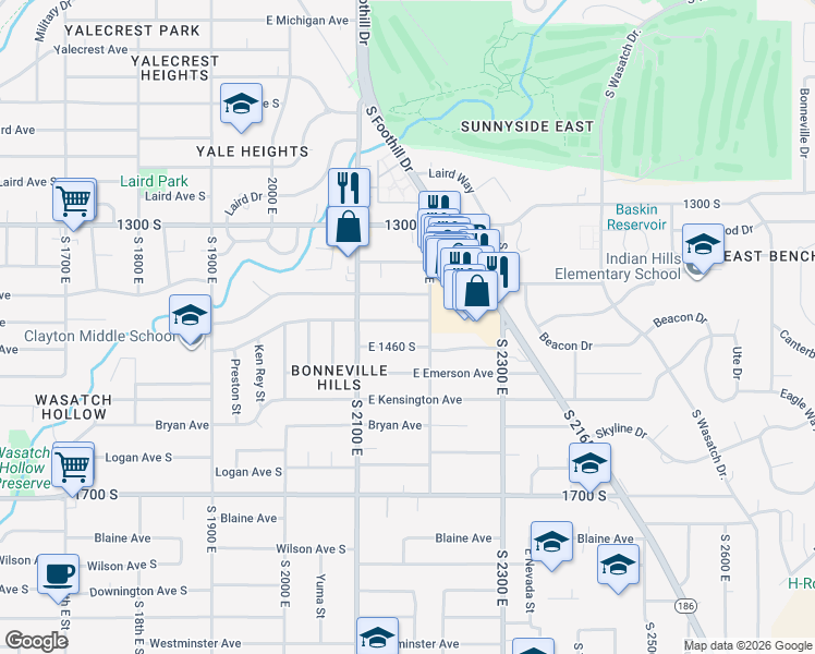 map of restaurants, bars, coffee shops, grocery stores, and more near 2134 Saint Marys Drive in Salt Lake City