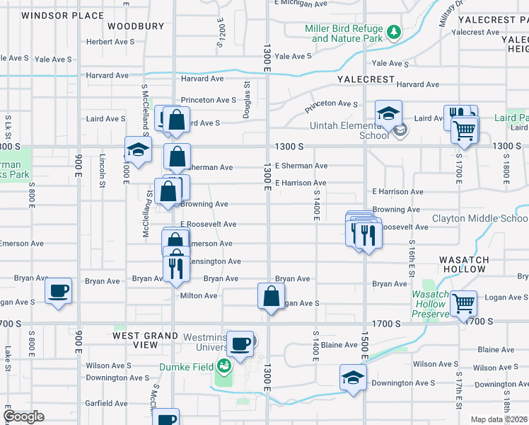 map of restaurants, bars, coffee shops, grocery stores, and more near 1433 South 1300 East in Salt Lake City