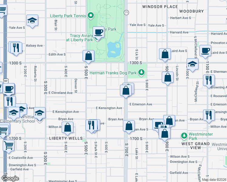 map of restaurants, bars, coffee shops, grocery stores, and more near 628 Browning Avenue South in Salt Lake City