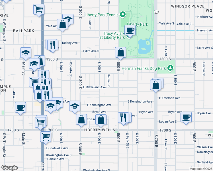 map of restaurants, bars, coffee shops, grocery stores, and more near 417 Cleveland Avenue South in Salt Lake City
