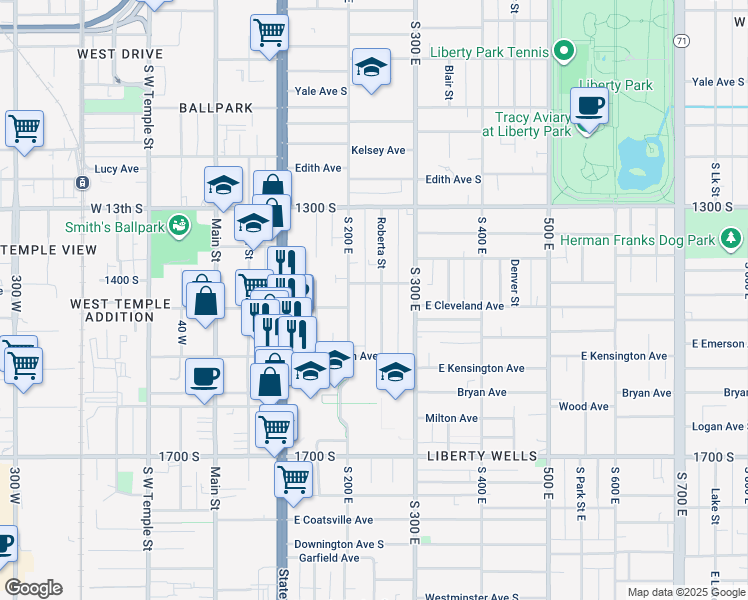 map of restaurants, bars, coffee shops, grocery stores, and more near 1431 South 200 East in South Salt Lake