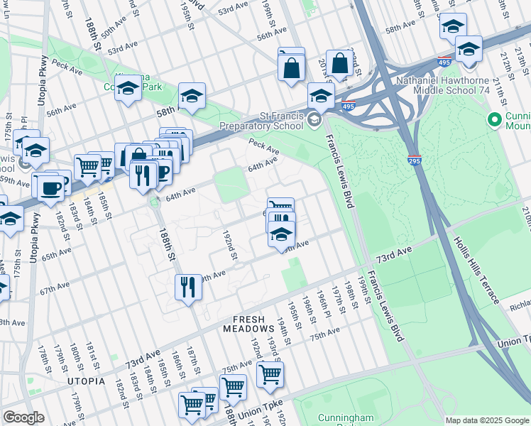 map of restaurants, bars, coffee shops, grocery stores, and more near 195-10 67th Avenue in Queens