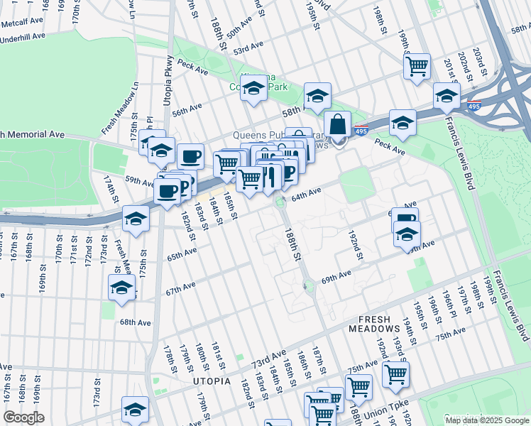 map of restaurants, bars, coffee shops, grocery stores, and more near 64-5B 186th Lane in Queens