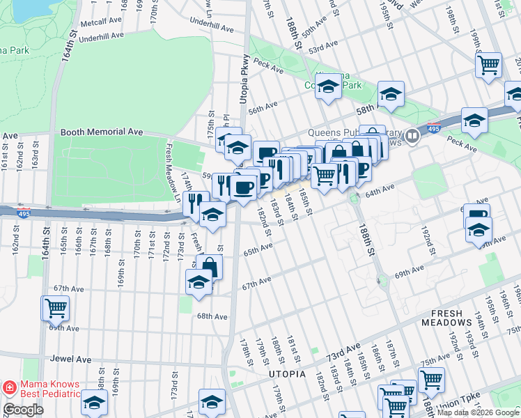 map of restaurants, bars, coffee shops, grocery stores, and more near 61-28 183rd Street in Queens