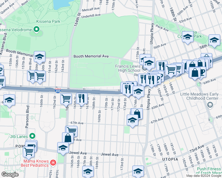 map of restaurants, bars, coffee shops, grocery stores, and more near 60-14 171st Street in Queens