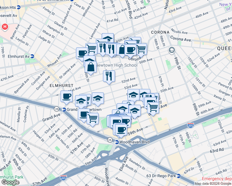 map of restaurants, bars, coffee shops, grocery stores, and more near in Queens