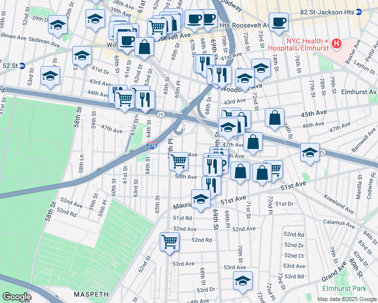 map of restaurants, bars, coffee shops, grocery stores, and more near 46-38 66th Street in Queens