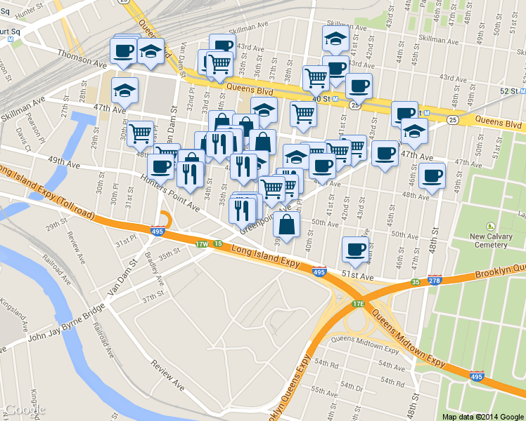 map of restaurants, bars, coffee shops, grocery stores, and more near 48-65 37th Street in Queens