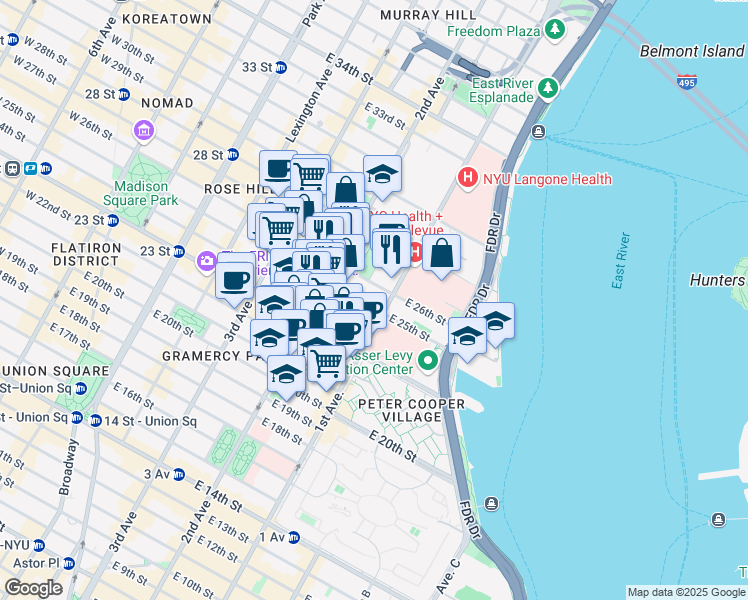map of restaurants, bars, coffee shops, grocery stores, and more near 330 East 25th Street in New York