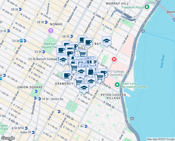 map of restaurants, bars, coffee shops, grocery stores, and more near 285 East 23rd Street in New York