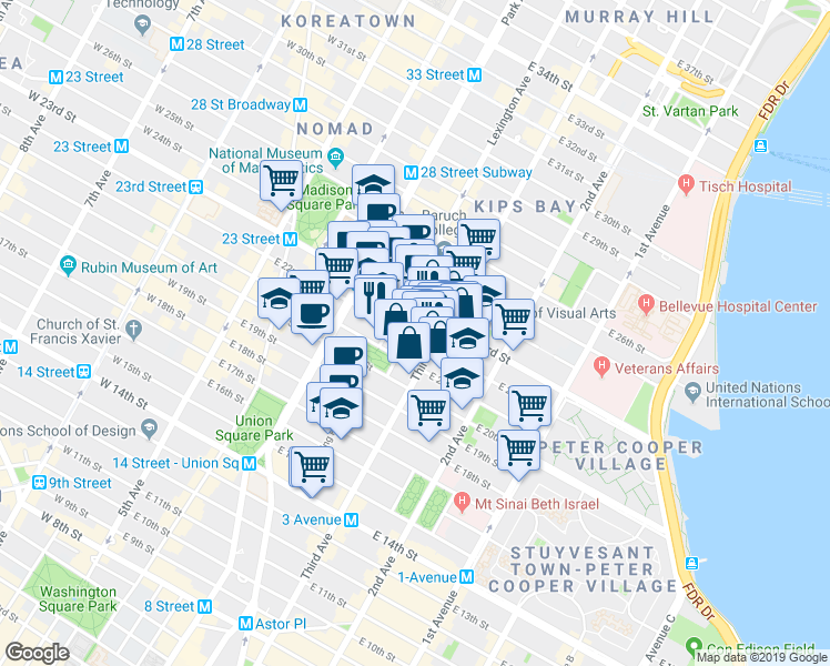 map of restaurants, bars, coffee shops, grocery stores, and more near 17 Lexington Avenue in New York