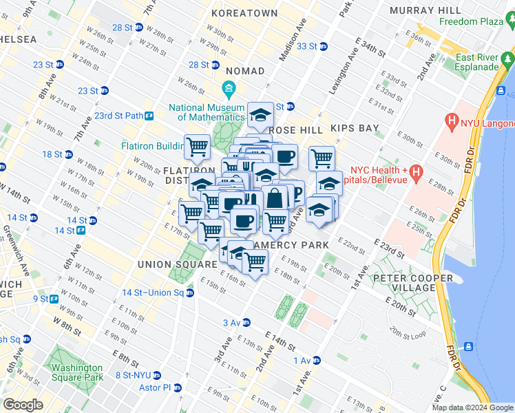 map of restaurants, bars, coffee shops, grocery stores, and more near 2 Lexington Avenue in New York