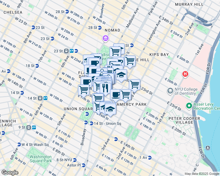 map of restaurants, bars, coffee shops, grocery stores, and more near 255 Park Avenue South in New York